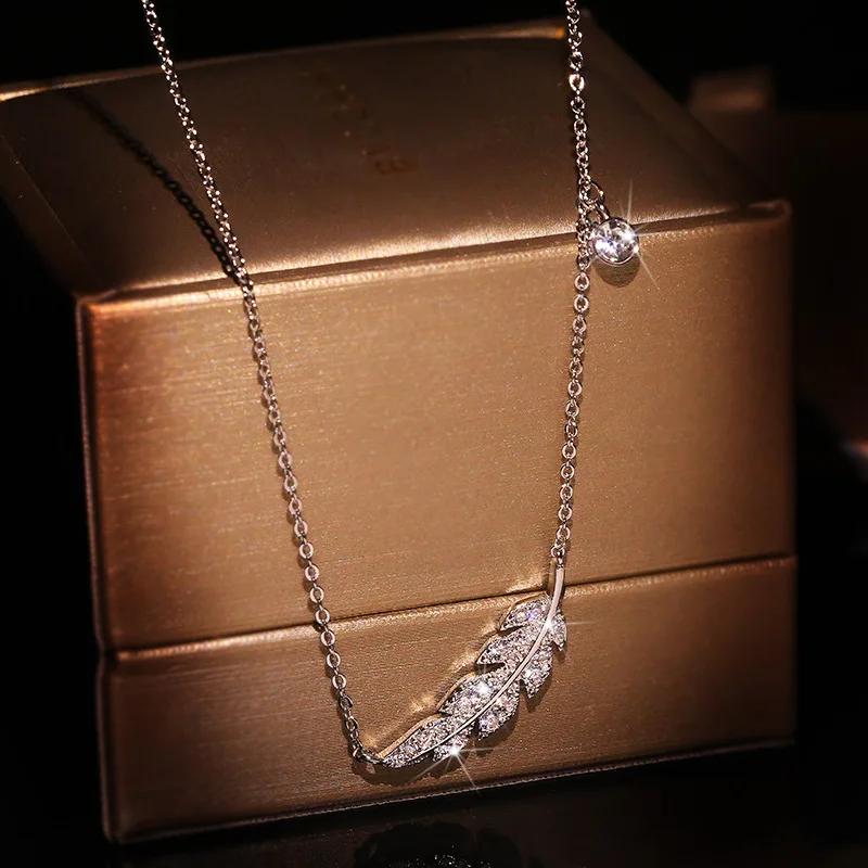 Exquisite Bohemian Feather Leaf Pendant Female Necklace AAAA Zircon Collar Necklace Bride Wedding Jewelry Clavicle Chain