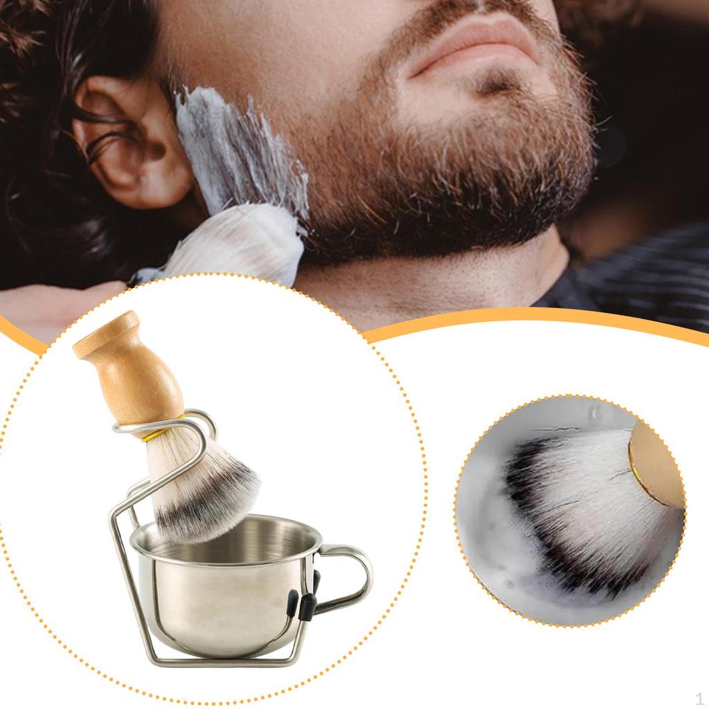 Men Shaving Brush Shave Cup with Stand 3 In 1 Kit Accessories Portable for Dad, Husband Stainless