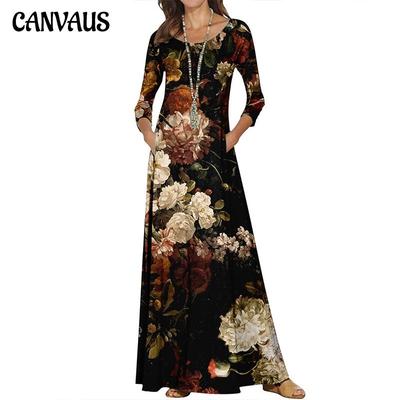 Abito da donna primaverile e autunnale girocollo in maglia a maniche lunghe abito lungo abito da donna casual stampato in 3D floreale