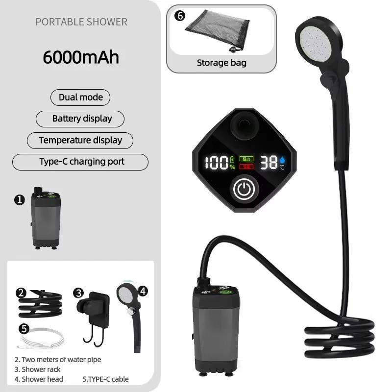 Portable Shower for Camping with 6000mAh Rechargeable Battery Intelligent LED Display Electric Shower Pump чёрный