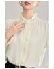 Nanyou Hofstil Tencel-Hemd: Damen Elegantes Krepp-Gefühl, Holzohr-Rand, Stehkragen, Frühlings-Oberteil