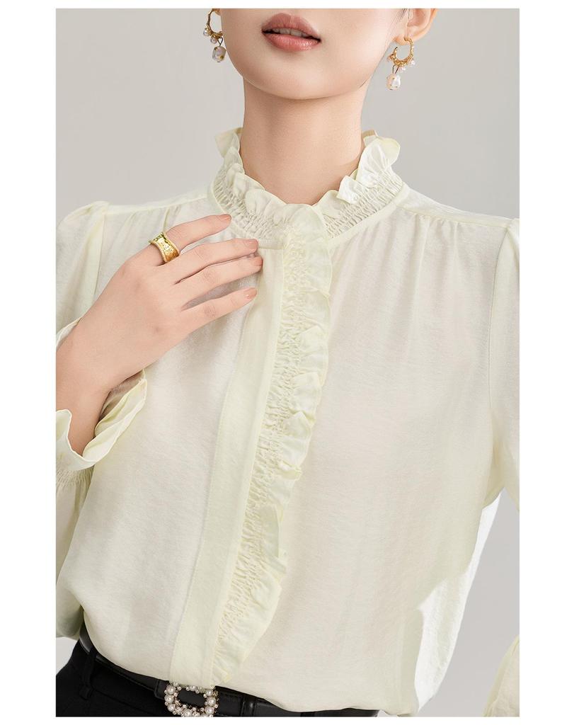 Nanyou Hofstil Tencel-Hemd: Damen Elegantes Krepp-Gefühl, Holzohr-Rand, Stehkragen, Frühlings-Oberteil