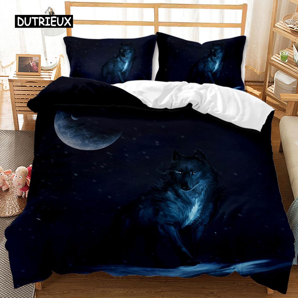 Wolf Duvet Cover Set 3D Animal Theme Bedding Set Retro Cool Wild Wolf Blue Sky Double Queen King Size Soft Polyester Qulit Cover