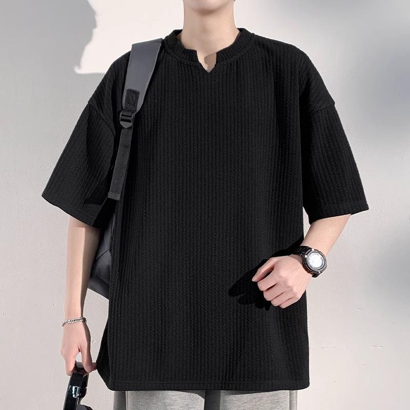 Футболка Ice Silk Cool с V-образным вырезом и короткими рукавами, мужская летняя новая свободная повседневная футболка с короткими рукавами M чёрный