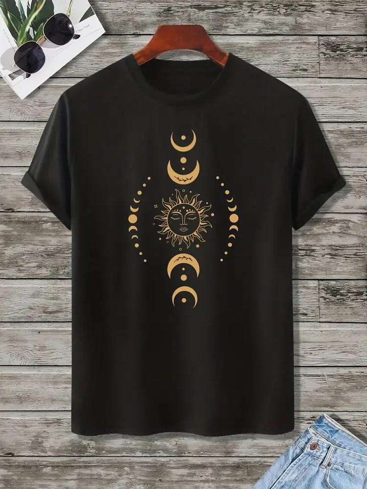 

Men039;s Casual Black T-Shirt with Intricate Moon and Sun Graphic Soft Stretchy Unisex T-Shirt XL