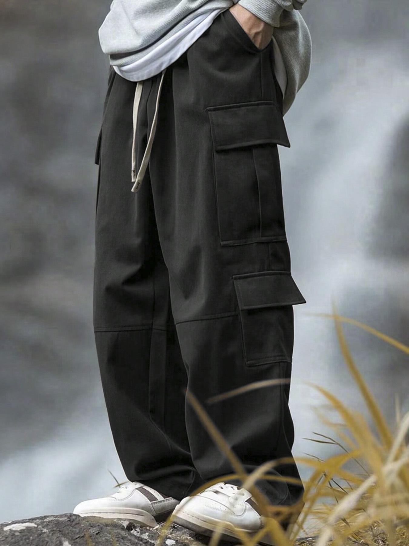 

Мужские повседневные брюки карго с кулиской на талии, многокарманные уличные брюки в цвете темно-сером S чёрный