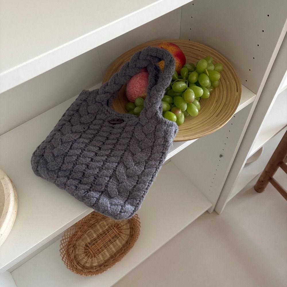 Cow Horn Button Twists Knitted Handbag Multicolor Knitted Wrist Bag Weave Woolen Bag Shopping Bag