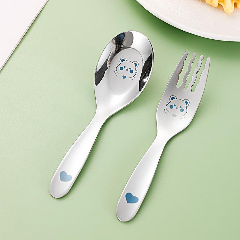 2pcs cartoon animals Baby Teaspoon Spoon Food Feeding Fork Utensils Set Stainless Steel Kids Learning Eating Habit Tableware