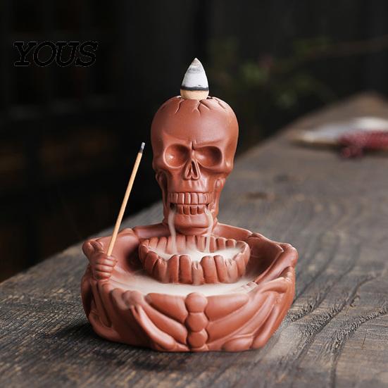 Traditional Craft Incense Burner Skeleton Burner, Backflow Waterfall Cone Holder, Gothic Skull Stick Holder for Halloween Home Decor, Meditation