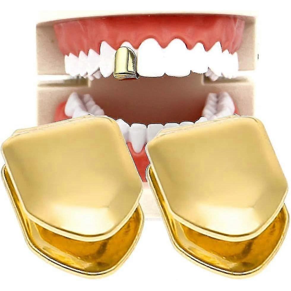 Dhrs 2pcs 14k Gold Plated Mouth Teeth, Flat Teeth, Top Teeth Gold Braces