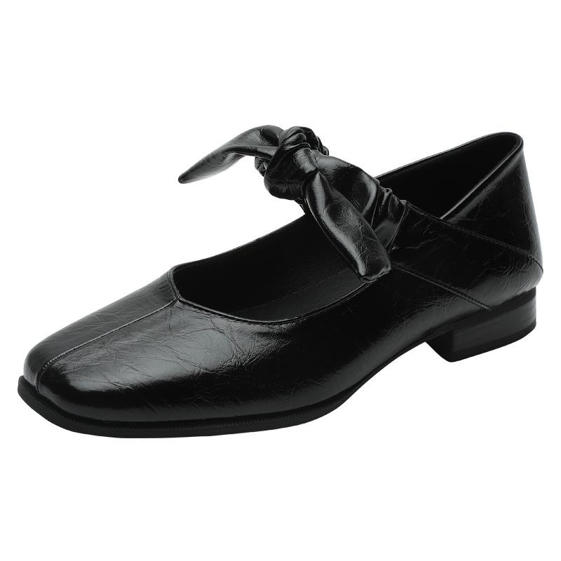 Britischer Stil flacher Mund einzelne Schuhe Damen Schleife ein Wort mit flachen Schuhen ein Fuß quadratischer Kopf Mary Jane Schuhe kleine Lederschuhe Damen