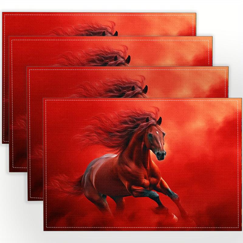 4pcs Galloping Horse Pattern Printed Table Mats Linen Table Mats Design, Insulation Table Kitchen Supplies 4PCS