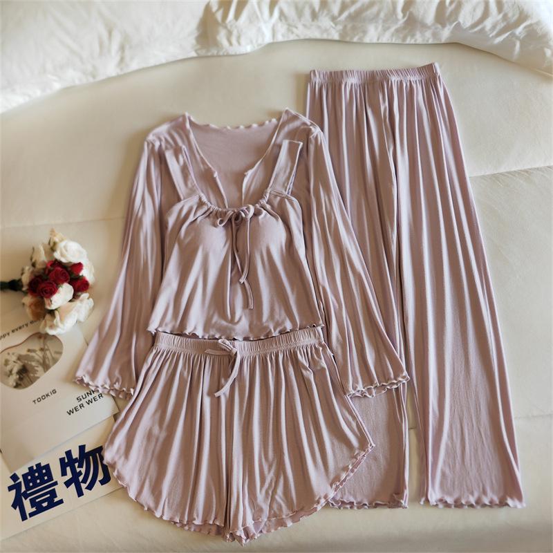 Women's Four-Piece Camisole Pajama Set with Built-in Bra, All-Season Modal Sleepwear