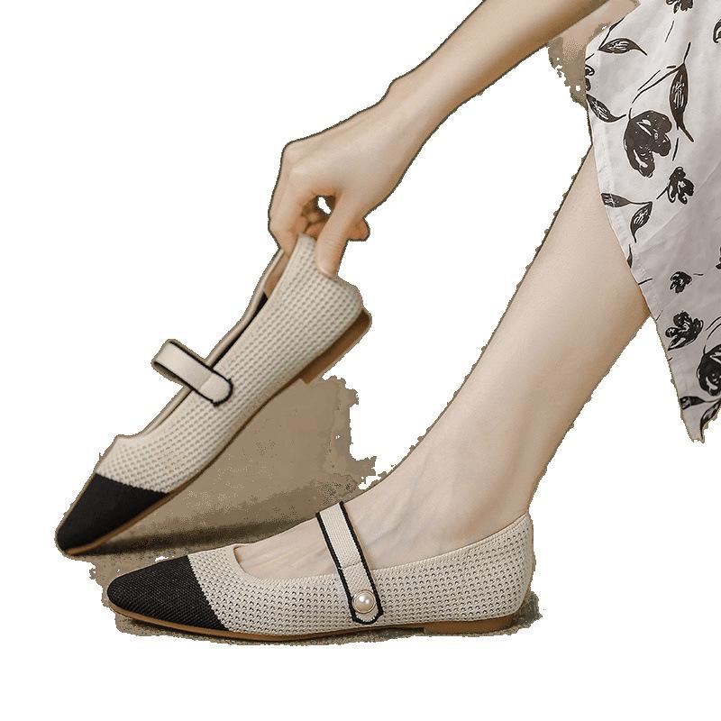 Mary Jane Einzelschuhe Damen Frühling und Sommer neu eckige Spitze flacher Ausschnitt flacher Boden gestrickt weichsohlig Fly-Knit Schuhe