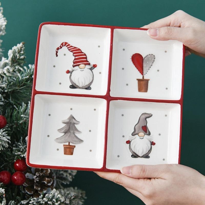Nordic Square Ceramic Divider Plate Nordic Santa Claus Plate Christmas Decorative Tableware Ceramic Snack Plate Holiday Ornament
