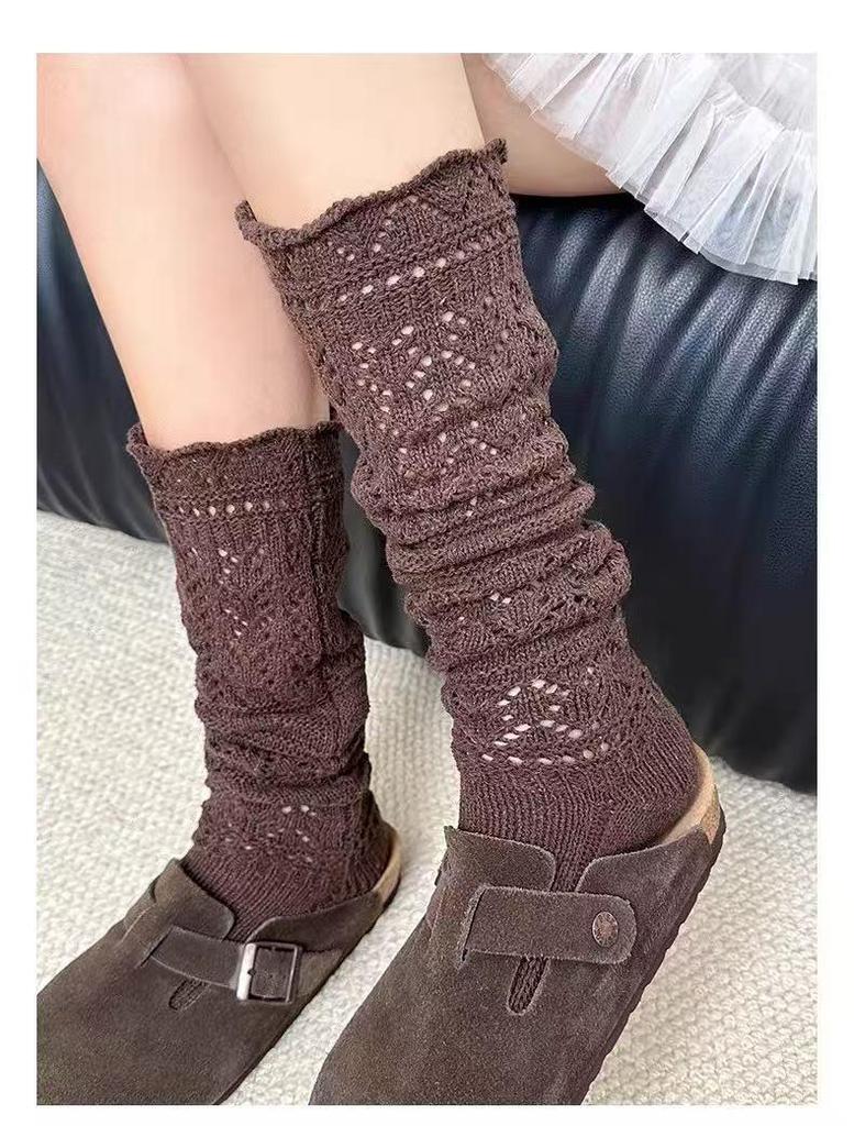 Grey Wool Ballet Style Calf Socks Over the Knee Openwork Retro Korean Scrunch for Women