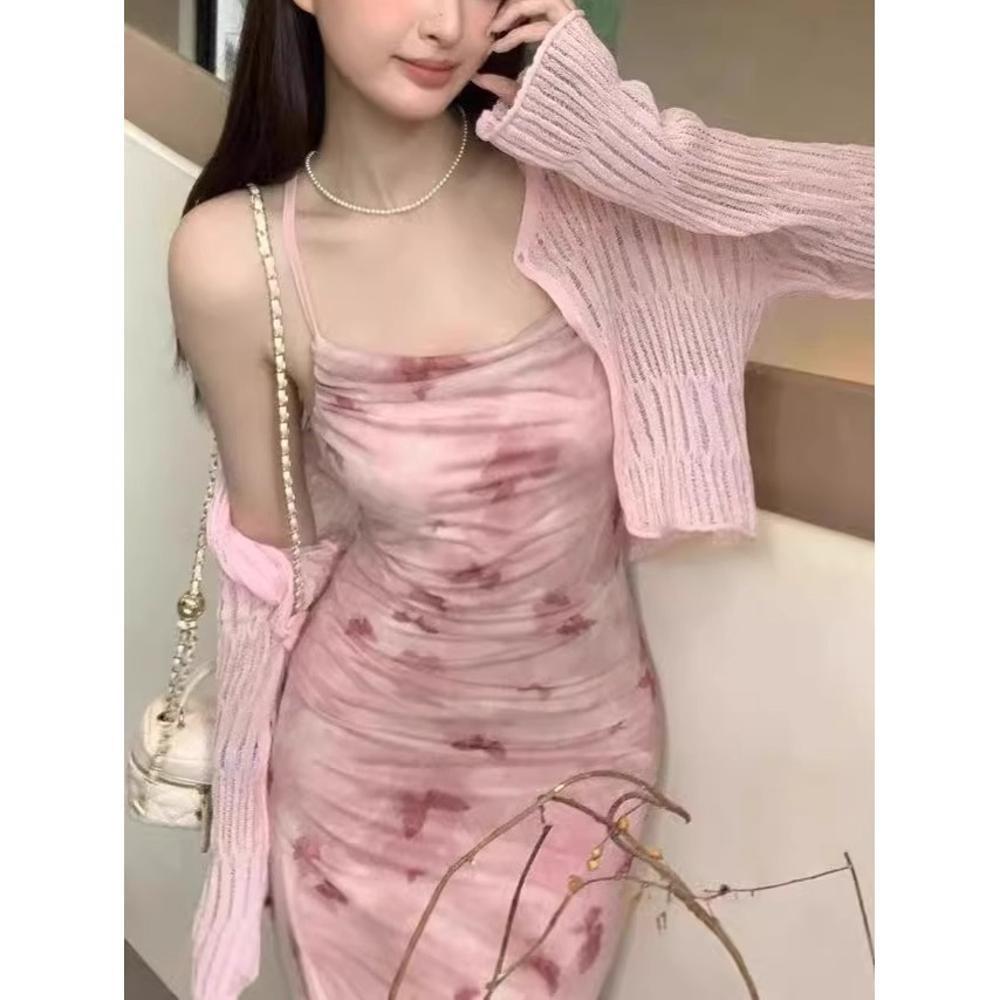 

French Print Ruffle Strap Slim Fit Mid-Length Dress S (fits up to 45 kg)