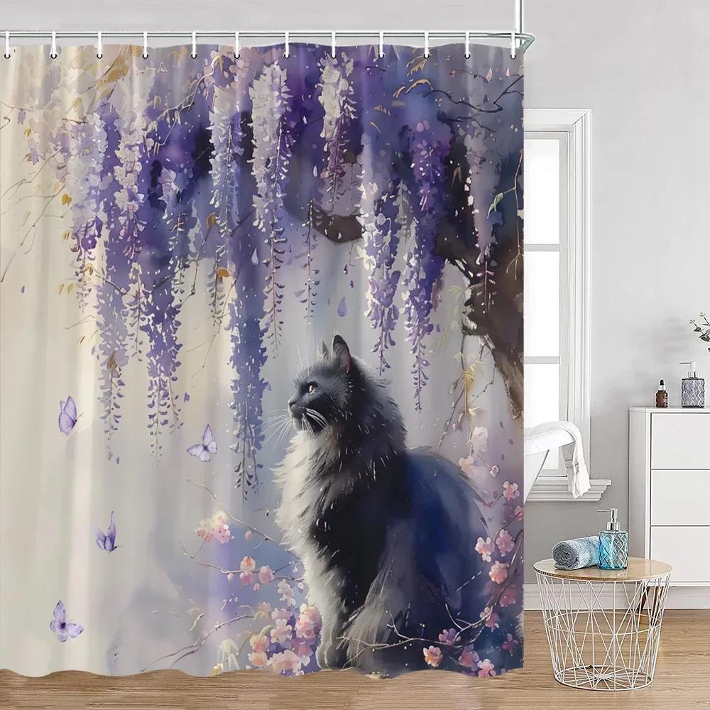 Lustige Katzen Duschvorhang Katzen Reiten Haie Cool Süße Katzen Hunde Blumen Sommer Badezimmerdekorationen Polyester Badvorhang