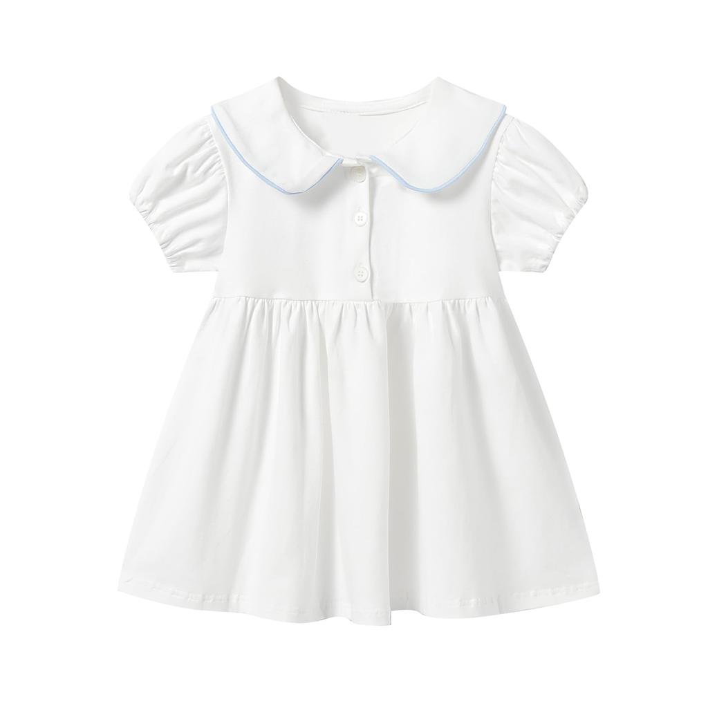Baby Summer Short Puff Sleeve Embroidered Collared Dress for Toddler Size 90 [LSMUDKINGDOM] One-Piece A-Line Girls, White,