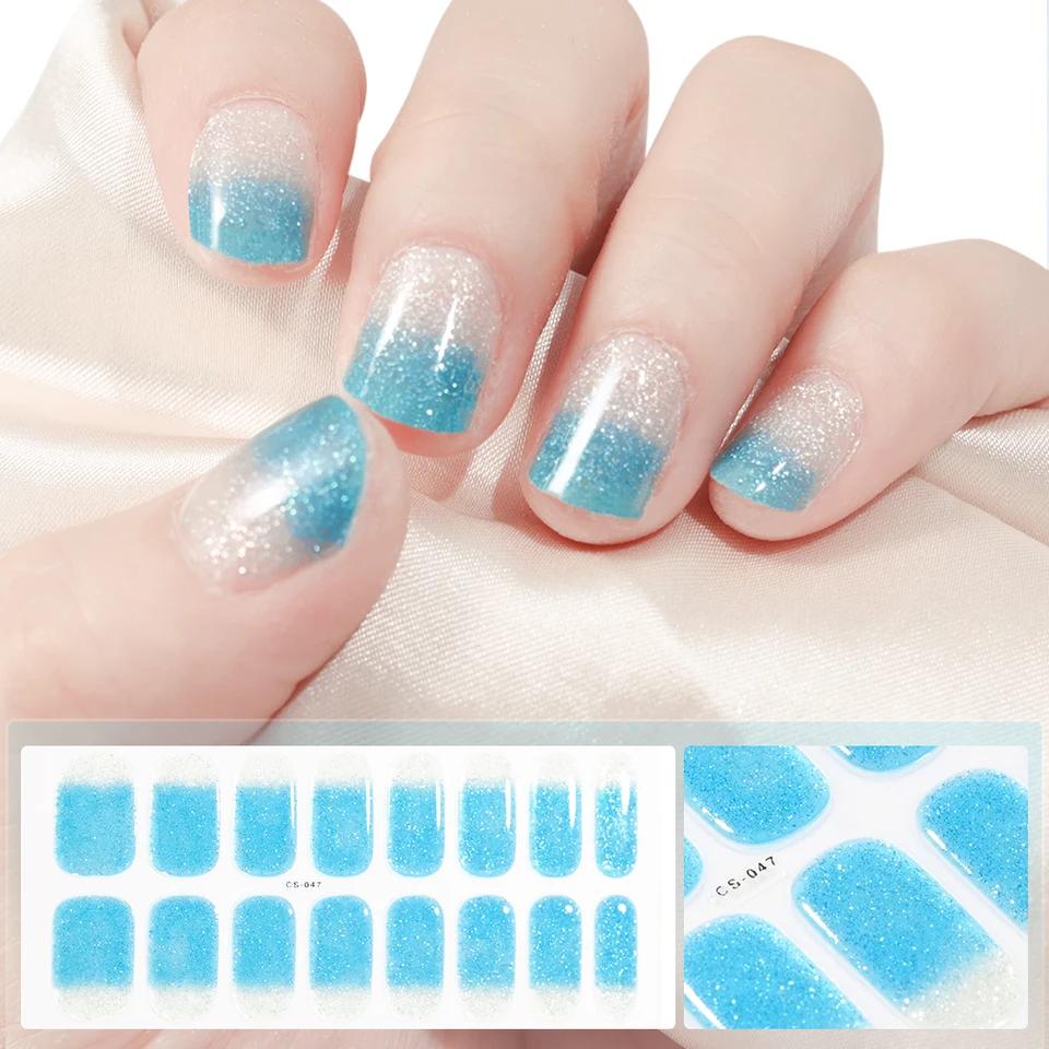 16Tips UV Semi-Cured Gel Nail Art Stickers Combo Pack Glitter High-Gloss Water-Proof Polish Wraps Full Cover Manicure Nails