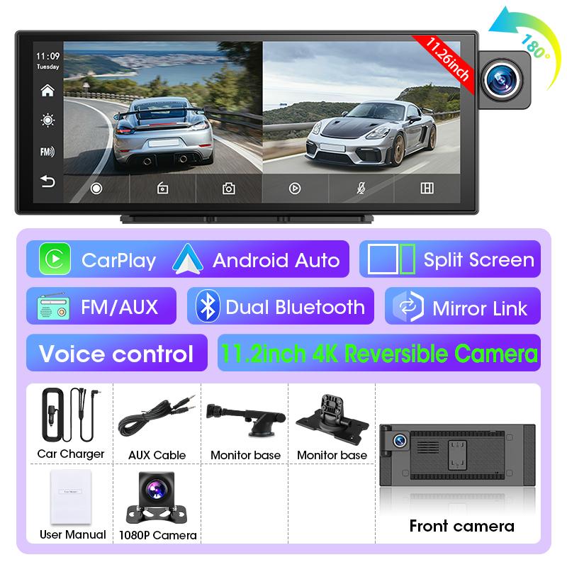 11.26Inch 4K Dash Cam Rotating Lens Video Recorder Dashboard Car DVR Wireless Carplay Android Auto FM BT AUX GPS Parking Monitor