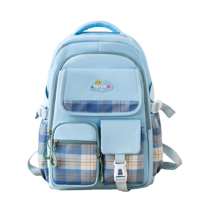 Trendy Lightweight Nylon Backpack For Boys And Girls With Plaid Pattern And Cute Style синий