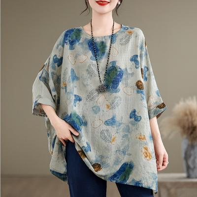 Sommerbluse für Damen in Übergröße, Blumenmuster, lässig, lockere Fledermausärmel, Rundhalsausschnitt