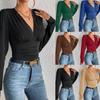 Herbst Frühling Frauen Sexy Tiefem V-Ausschnitt Langarm Solide Tops Blusen frauen Schlank Elegante Streetwear Top Femme Bluse