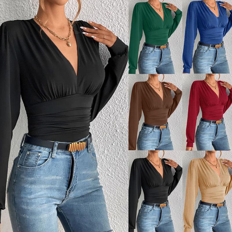 Herbst Frühling Frauen Sexy Tiefem V-Ausschnitt Langarm Solide Tops Blusen frauen Schlank Elegante Streetwear Top Femme Bluse