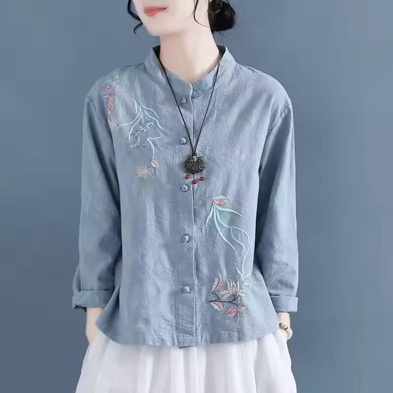 Women's Spring Chinese Embroidered Cotton and Hemp Shirt with Buckle and Stand Up Collar, Loose Tea Robe Top