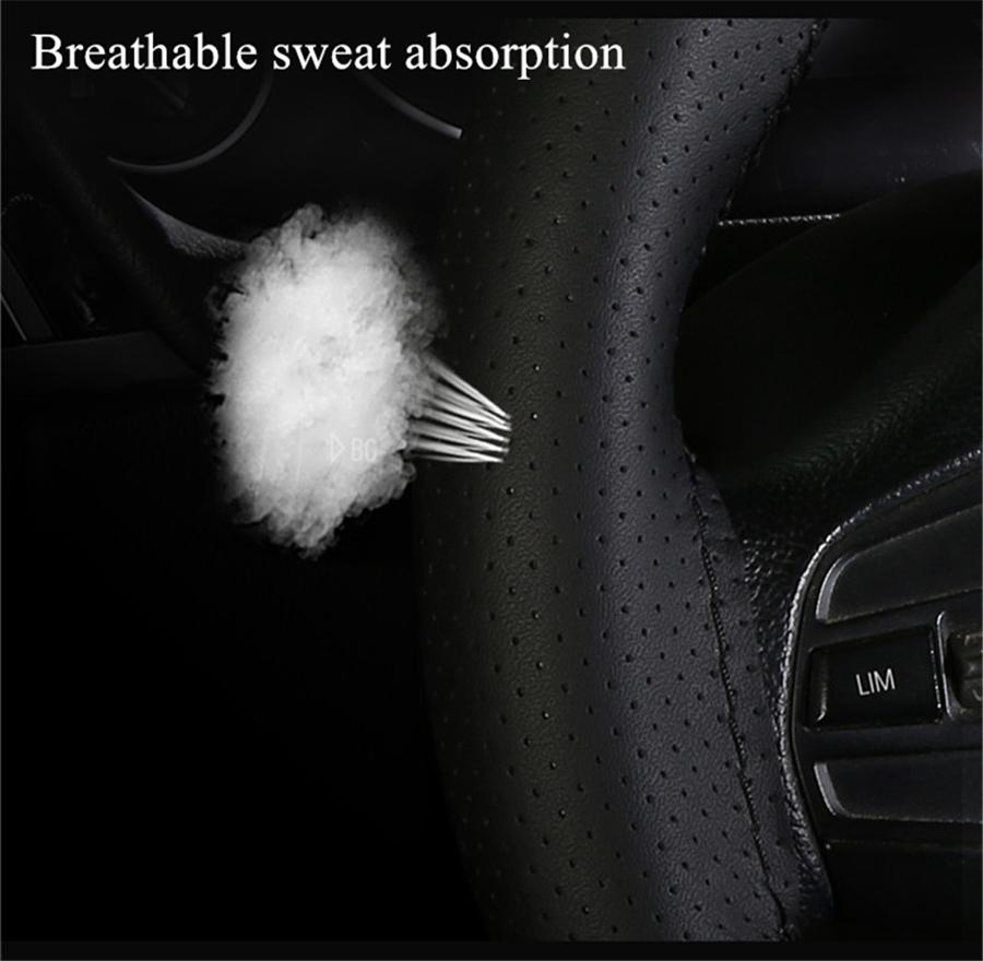 38cm PU Leather DIY Black Carbon Fiber Deluxe Car Steering Wheel Cover Trim 1Pcs