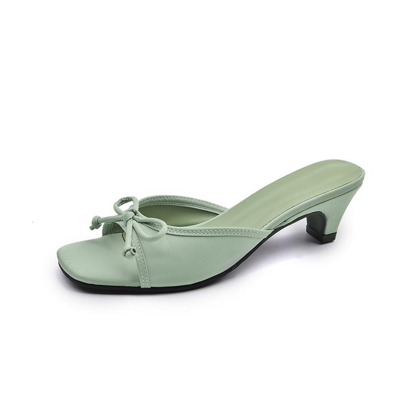 

Fashion Women s Summer Butterfly-knot Slippers Street Style Square Toe Thick Heel Dress Shoes Outdoor Ladies Slides 35