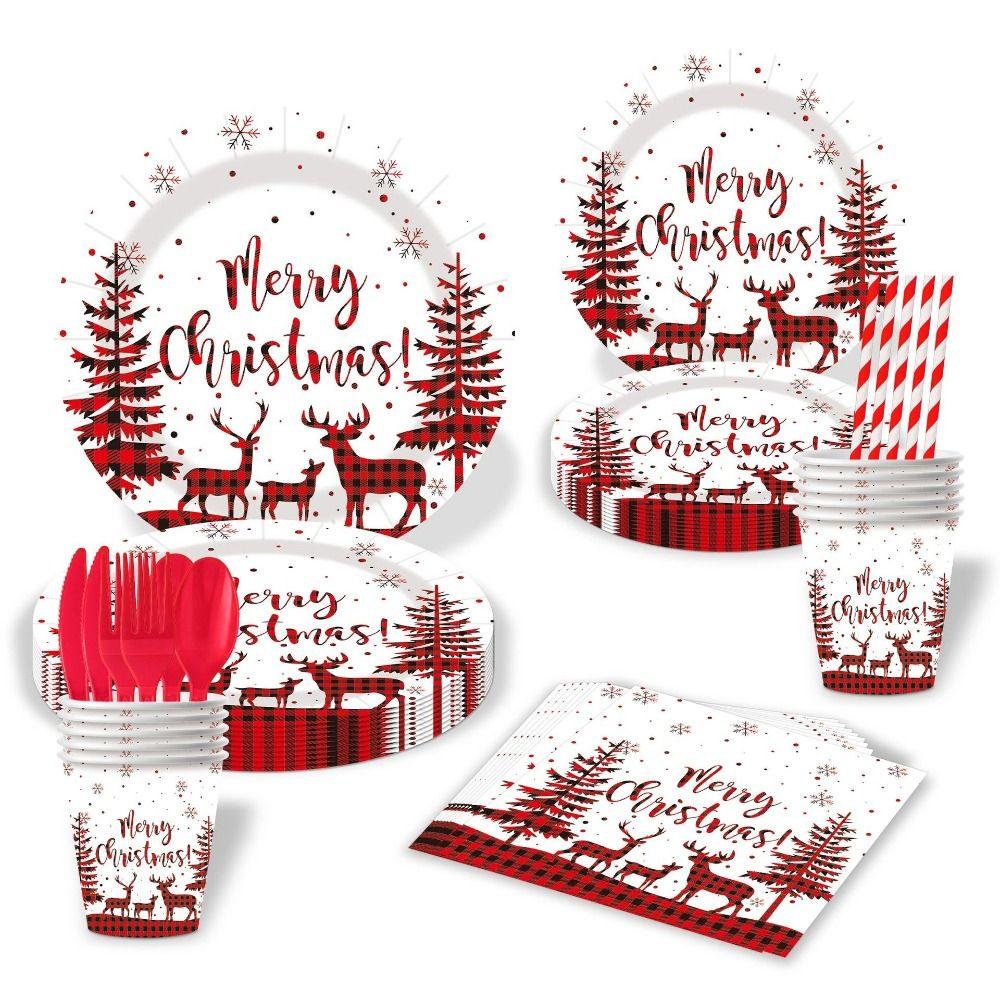 Reindeer Design Christmas Disposable Tableware Color Printed Party Dinnerware Set Venue Decoration