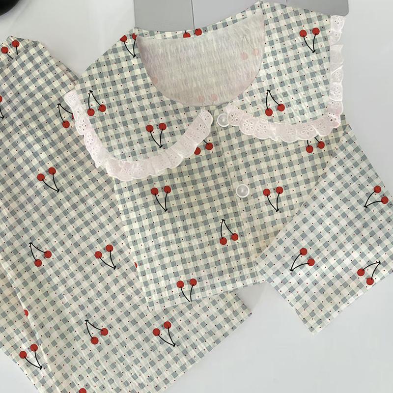 Cloud Cotton Spring Pajamas Women'S Plaid Cherry Loungewear Long Sleeves Trousers Design Lace Set