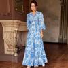 2024 Summer Women's V-Neck Lantern Sleeve High Waist Print Long Dress