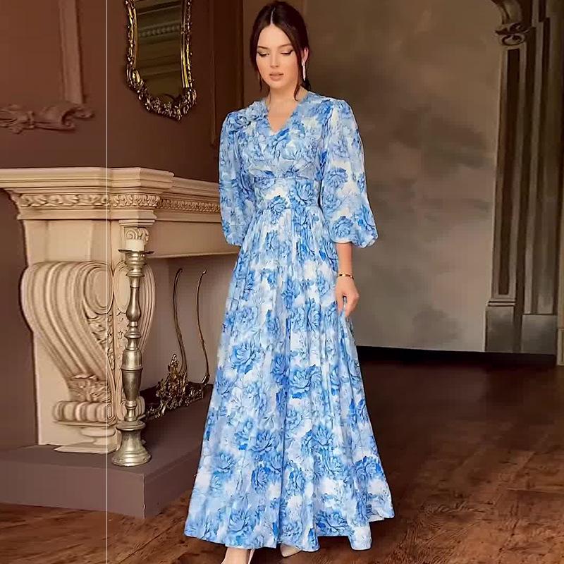 2024 Summer Women's V-Neck Lantern Sleeve High Waist Print Long Dress