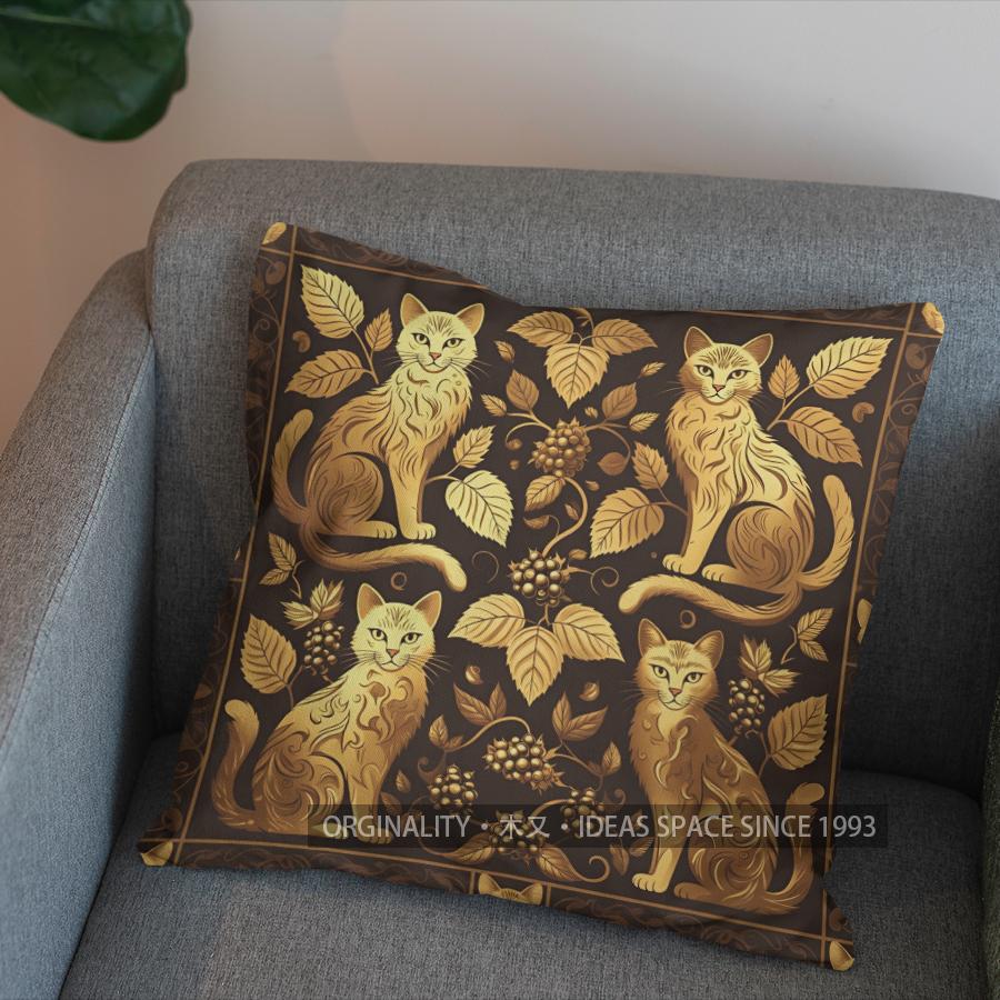 2D Golden Cats And Thorns Pattern Pillow Cover Pattern Cushion Cover Suitable For Sofa Bedroom Car Pillow Cover