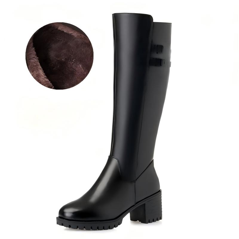 Women Genuine Leather  Winter Wool High Heel High Boots  Big Size Warm Snow Boots Women