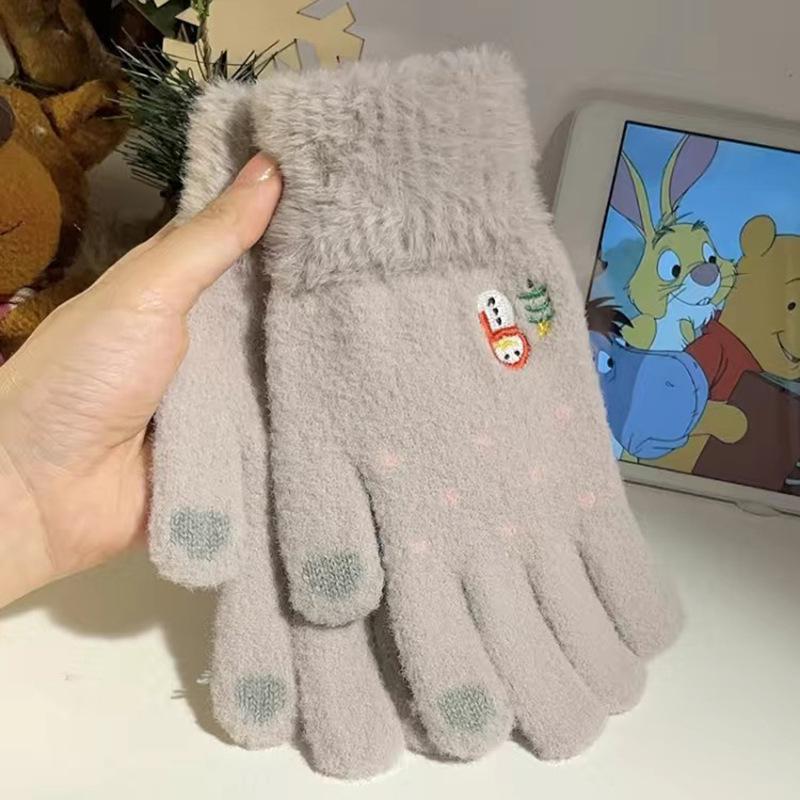 Plush Cartoon Snowman Touchscreen Gloves for Girls - Winter Warm Five-Finger Style