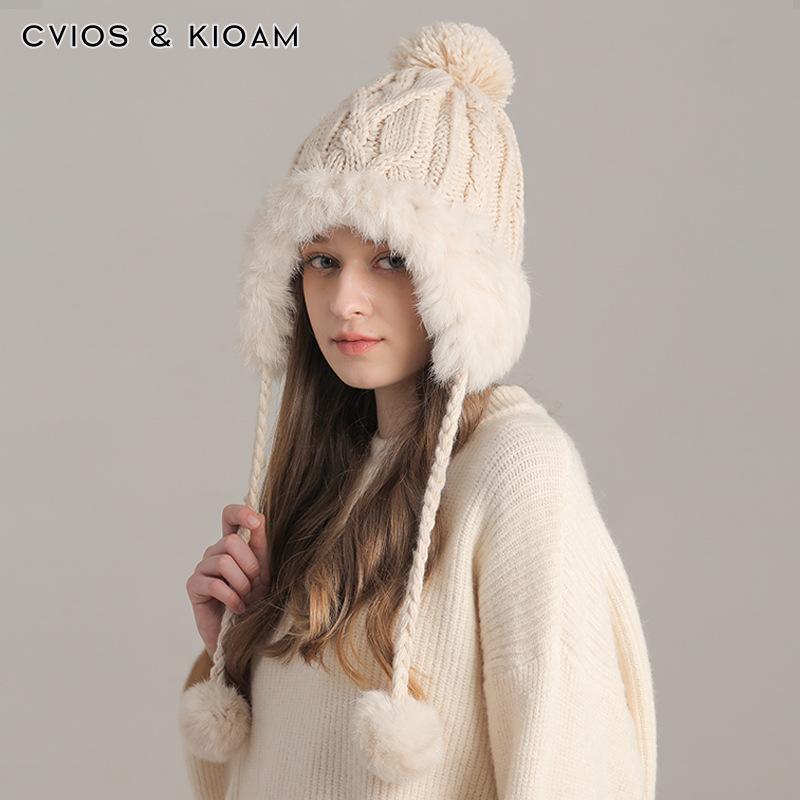 New Korean Winter Pullover Hat for Women Plus Velvet Thick Plush Knitted Outdoor Warm Wool Ball Ear Protection Hat