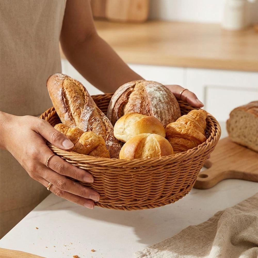 Round Handwoven Fruit Basket Breathable Vegetable Drain Basket Snack Basket Bread Display