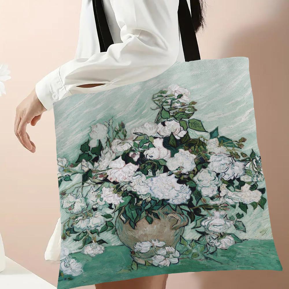 Van Gogh Series Linen Bag Oil Painting Starry Night Flower Handbag Light Weight Shoulder Bag High Capacity Eco Shopping Bags