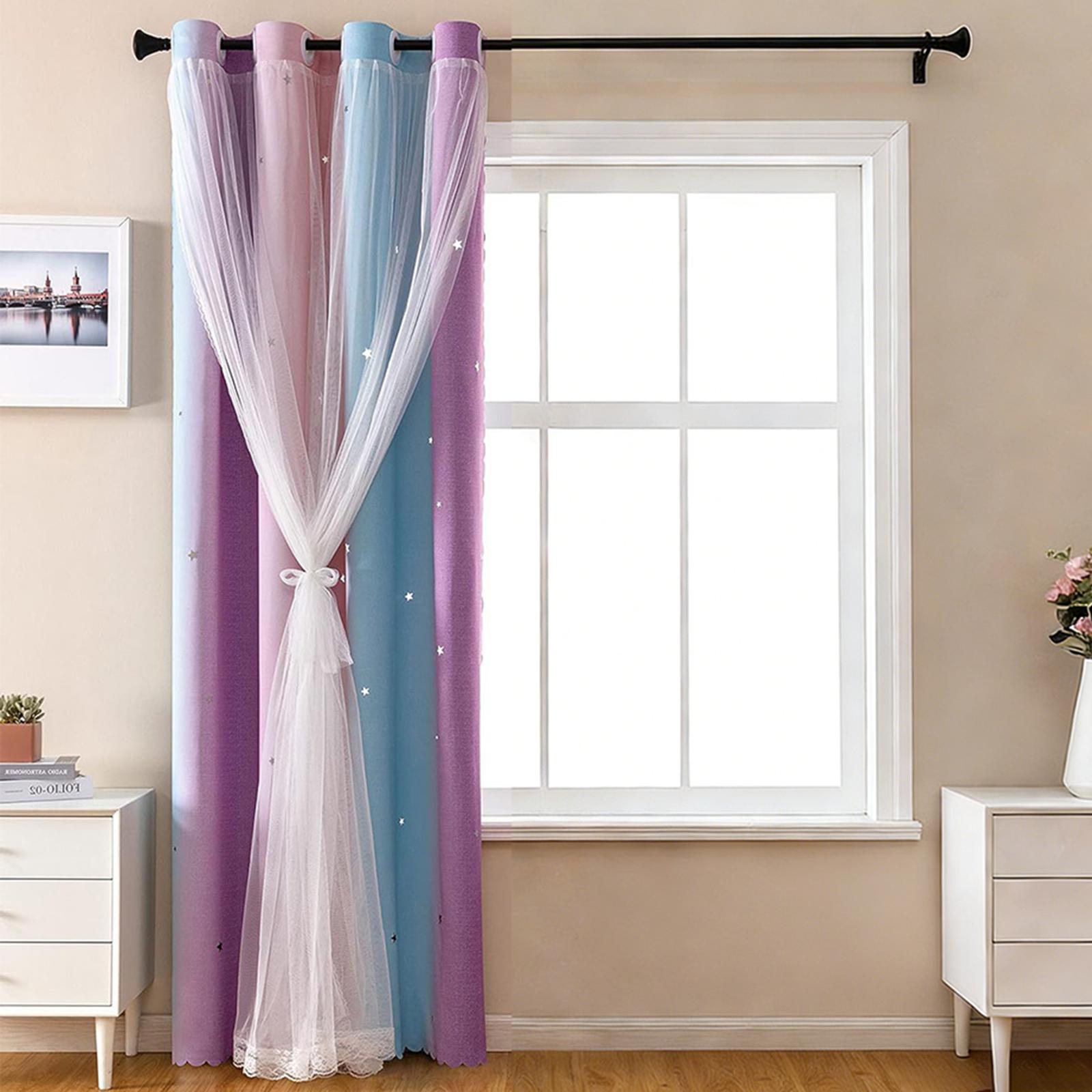 

Starry Night Princess Curtains, Blackout & Sheer Rainbow Gradient Curtain Set For Girls Bedroom, Double Layer Lace Trim