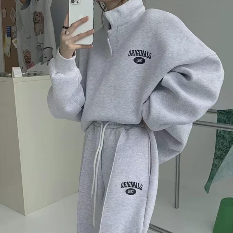 Women's 2023 Autumn/Winter Plus Velvet Sweatshirt & Sweatpants Two-Piece Sportswear for Casual Running & Street Fashion