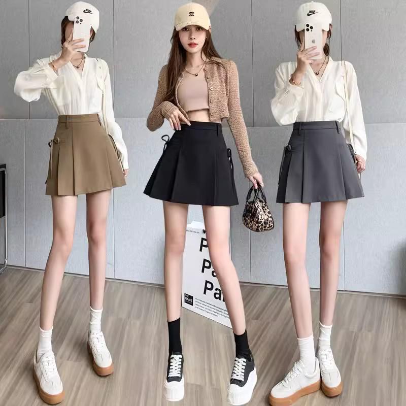 Women's High-Waist Pleated A-Line Skirt - Gray, Irregular Design, Anti-Exposure, Slim Fit