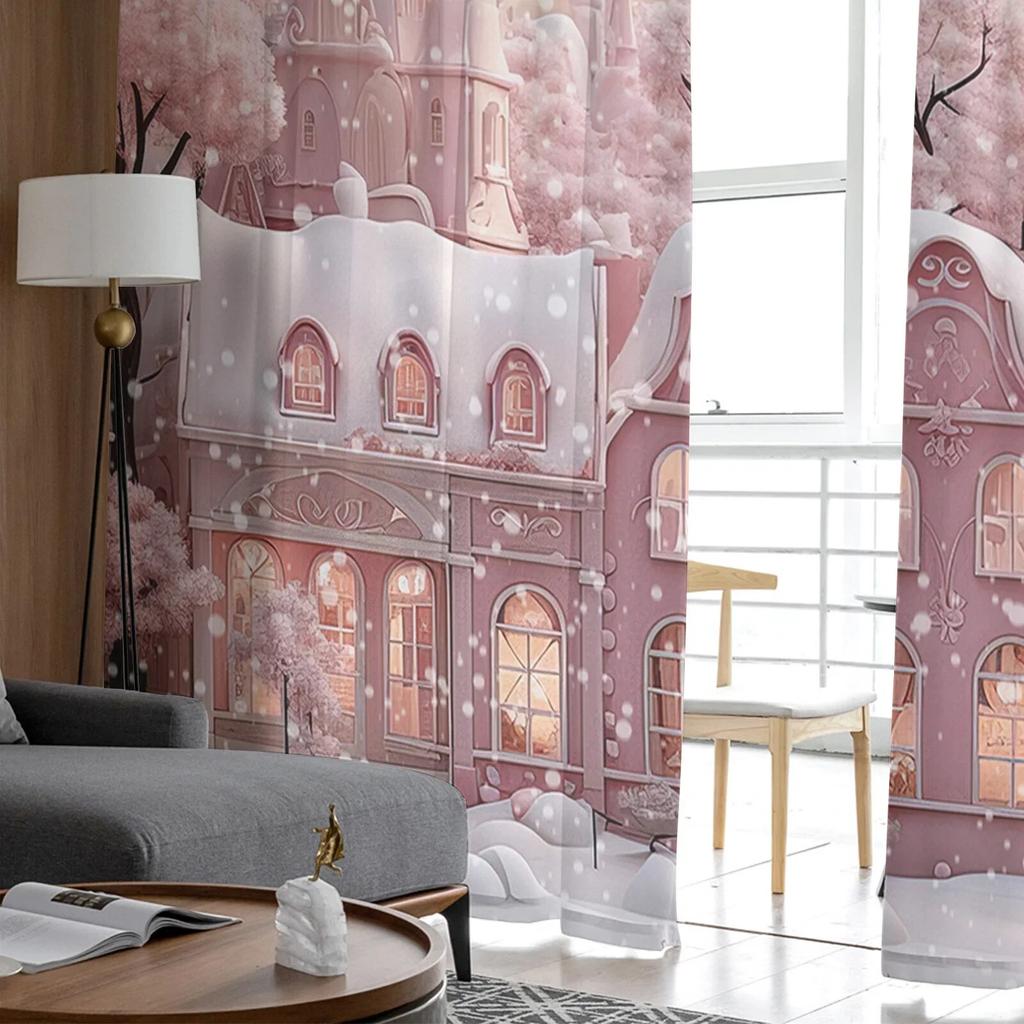 Vánoční sněhulák sněhová scéna růžový dům okno tylové záclony do obývacího pokoje kuchyně vánoční domácí dekorace průsvitné voálové záclony