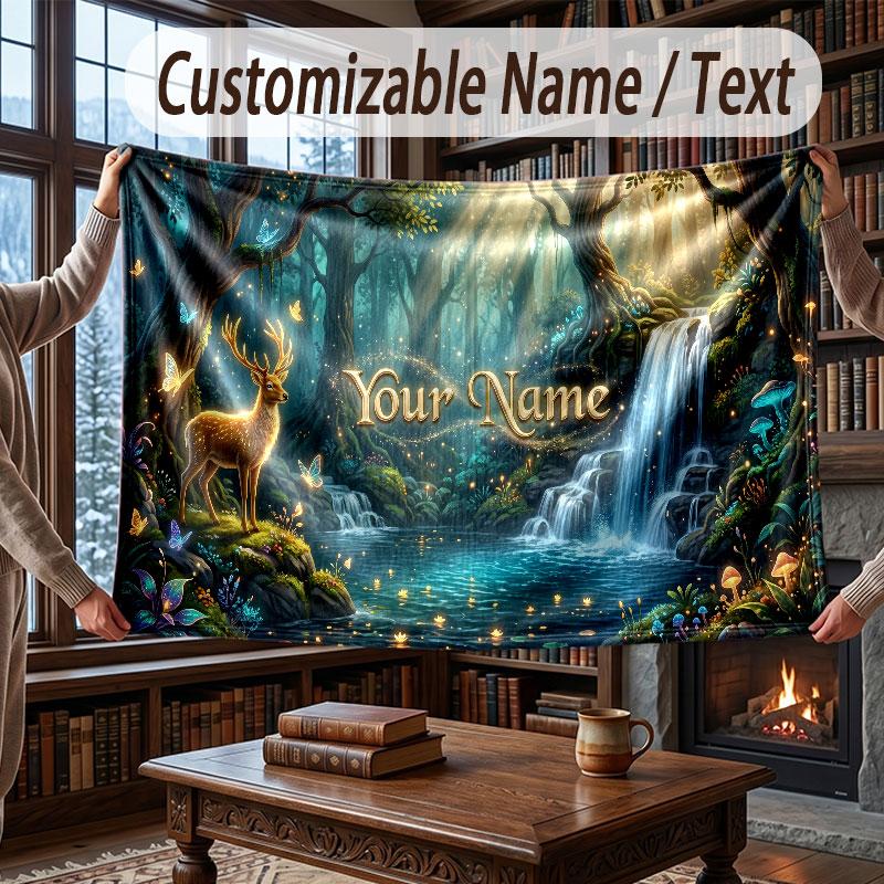 Mushroom Forest Theme Throw Blanket Custom Name Text Personalized Blanket Soft Cozy Blanket for Home Sofa Bed