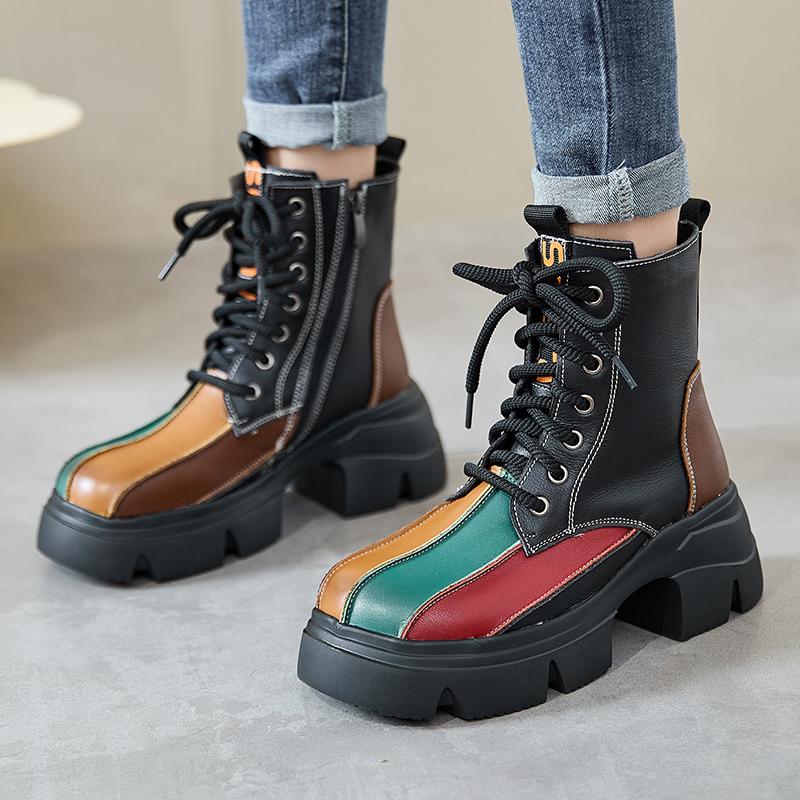 Fashion GKTINOO Retro Style Women Thick Soled Genuine Leather Mid-Calf Boots 2024 Autumn Winter Warm Platform Booties Zip Women's Shoes