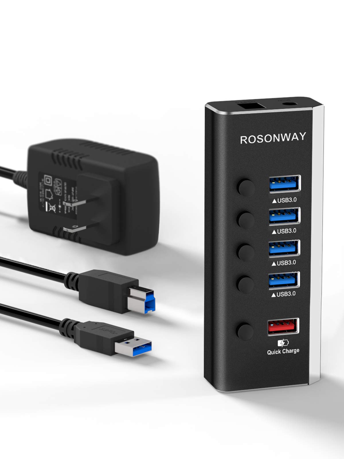 

ROSONWAY USB Hub with Power 4 Port USB High Speed Expansion 1 Fast Charging Port USB AC Independent Switch Supply, Aluminum, 3.0 + Hub, Self-Powered,