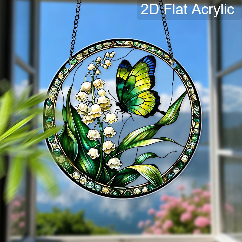 Acrylic Butterfly & Lily of the Valley Suncatcher Stained Glass Effect Window Hanging Ornament Floral & Insect Themed Gift for Home